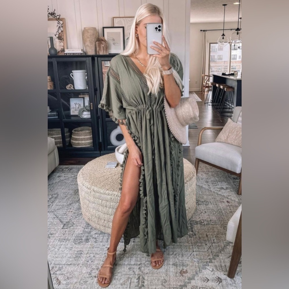 BOHO BEACH GODDESS CAFTAN FESTIVAL DUSTER SWIM KIMONO COVER UP Maxi Dress Green